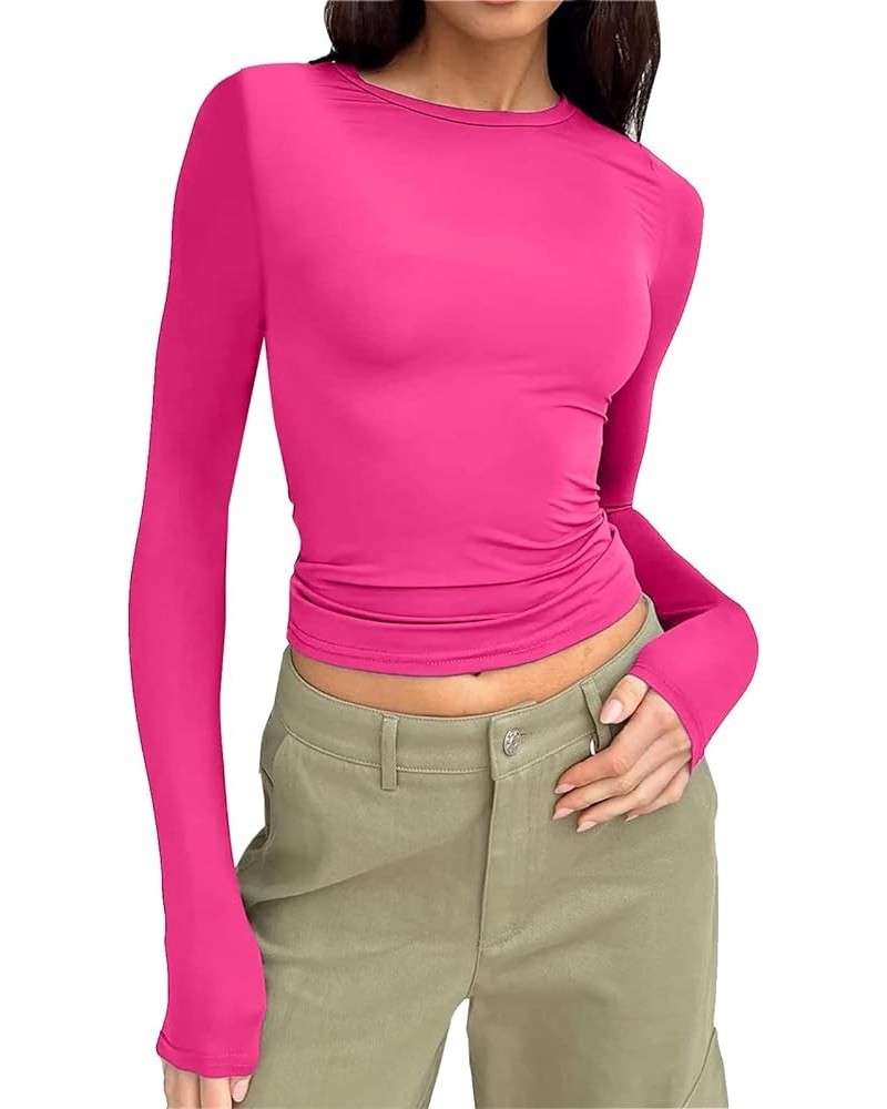 Women’s Long Sleeve Round Neck Crop Top Tee Shirt Basic Solid Tight Slim Fit Cropped Plain Short Women Athletic Hot Pink-c $2...