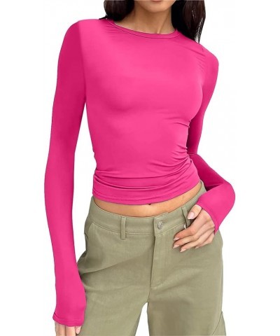 Women’s Long Sleeve Round Neck Crop Top Tee Shirt Basic Solid Tight Slim Fit Cropped Plain Short Women Athletic Hot Pink-c $2...