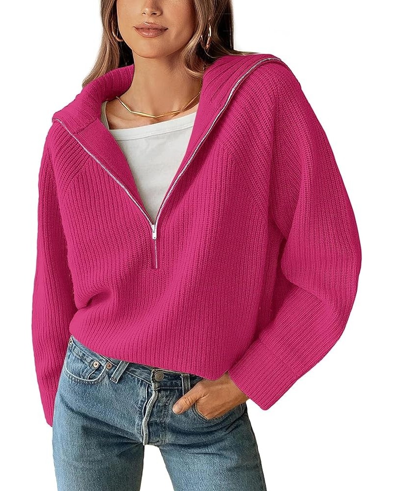 Women’s Casual Long Sleeve Half Zip Pullover Sweaters Solid V Neck Collar Ribbed Knitted Loose Slouchy Jumper Tops Solid Rose...