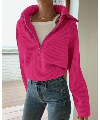 Women’s Casual Long Sleeve Half Zip Pullover Sweaters Solid V Neck Collar Ribbed Knitted Loose Slouchy Jumper Tops Solid Rose...