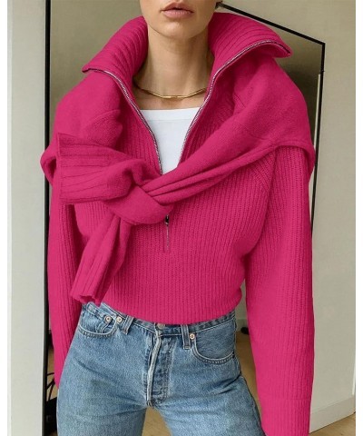 Women’s Casual Long Sleeve Half Zip Pullover Sweaters Solid V Neck Collar Ribbed Knitted Loose Slouchy Jumper Tops Solid Rose...