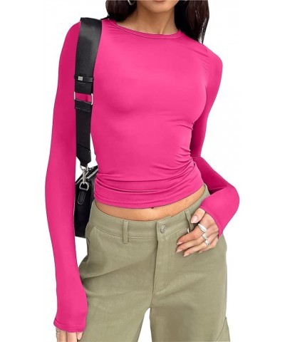 Women’s Long Sleeve Round Neck Crop Top Tee Shirt Basic Solid Tight Slim Fit Cropped Plain Short Women Athletic Hot Pink-c $2...