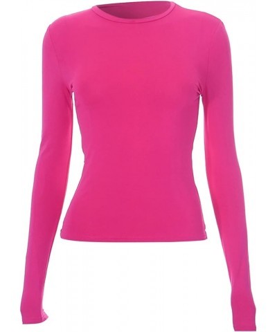 Women’s Long Sleeve Round Neck Crop Top Tee Shirt Basic Solid Tight Slim Fit Cropped Plain Short Women Athletic Hot Pink-c $2...