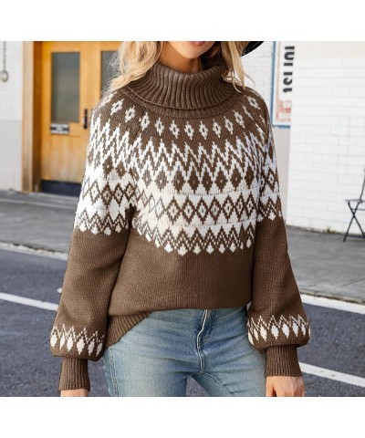 Fair Isle Sweaters Womens Vintage Fair Isle Print Pullover Turtleneck Long Sleeve Knit Lightweight Sweater Tops A06 Coffee $1...