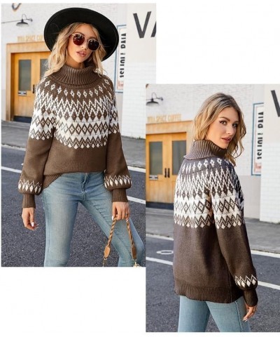 Fair Isle Sweaters Womens Vintage Fair Isle Print Pullover Turtleneck Long Sleeve Knit Lightweight Sweater Tops A06 Coffee $1...