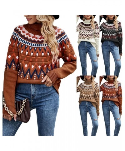 Fair Isle Sweaters Womens Vintage Fair Isle Print Pullover Turtleneck Long Sleeve Knit Lightweight Sweater Tops A06 Coffee $1...