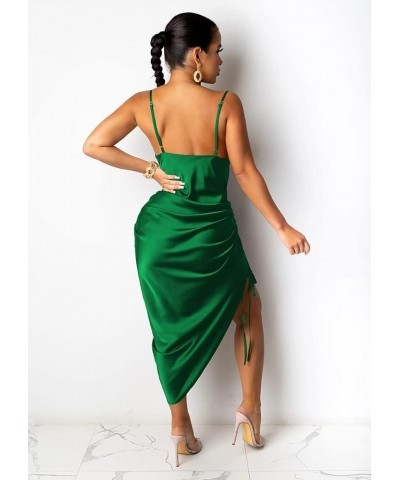 Satin Dress for Women Sexy Sleeveless Adjustable Spaghetti Strap Backless Ruched Cocktail Midi Dresses Party Clubwear 3230-gr...