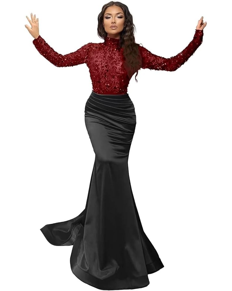 Sparkly Sequin Prom Dresses with Sleeves Satin Formal Dress Mermaid Evening Gown Long Open Back JS0024 Burgundy Black $44.59 ...