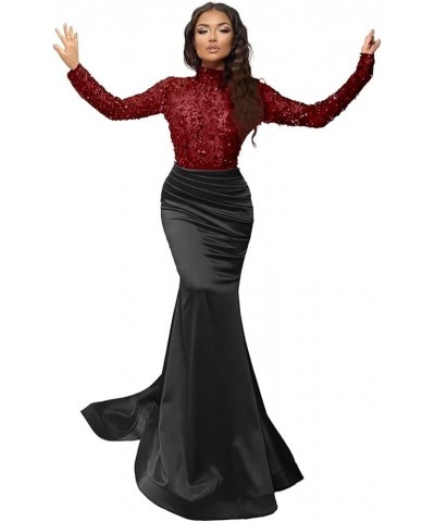 Sparkly Sequin Prom Dresses with Sleeves Satin Formal Dress Mermaid Evening Gown Long Open Back JS0024 Burgundy Black $44.59 ...