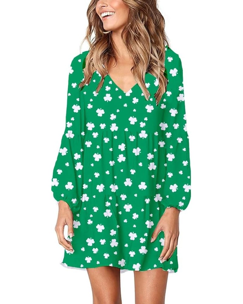 St Patricks Dress Women's Bell Sleeve Cute Shamrocks Four Leaf Clover Print Casual Flare Swing Dress Green Small Shamrock $18...