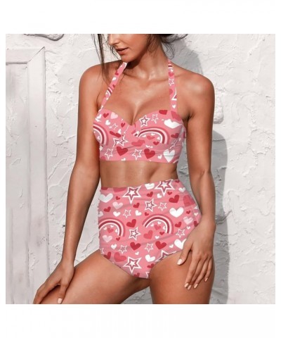 Women Two Piece Swimsuit Set Novelty V-Neck Sexy Backless Top Mid Rise Bottom Bathing Suit Bikini Set S-2XL Romantic Love Hea...