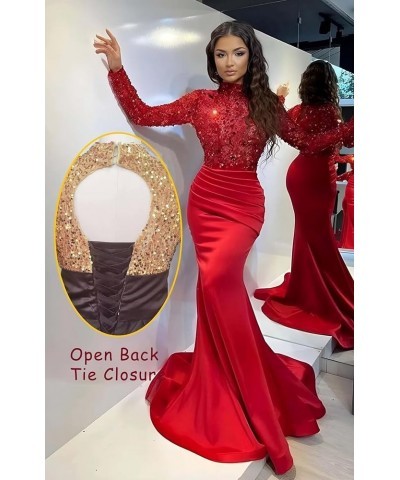 Sparkly Sequin Prom Dresses with Sleeves Satin Formal Dress Mermaid Evening Gown Long Open Back JS0024 Burgundy Black $44.59 ...