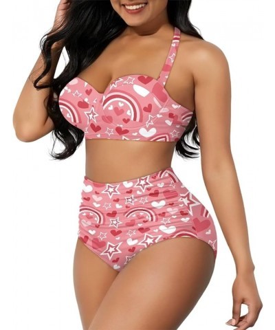 Women Two Piece Swimsuit Set Novelty V-Neck Sexy Backless Top Mid Rise Bottom Bathing Suit Bikini Set S-2XL Romantic Love Hea...