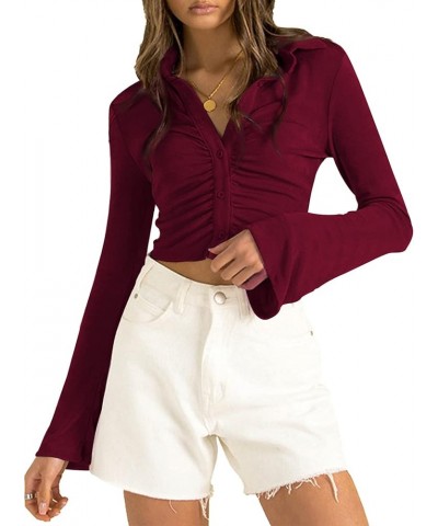 Women's Collar Button Down Ruched Long Sleeve Fitted Crop Tee Shirt Top Burgundy $18.24 Blouses