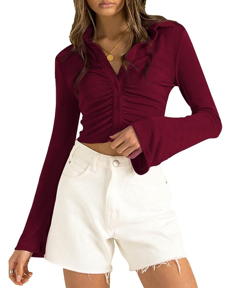 Women's Collar Button Down Ruched Long Sleeve Fitted Crop Tee Shirt Top Burgundy $18.24 Blouses