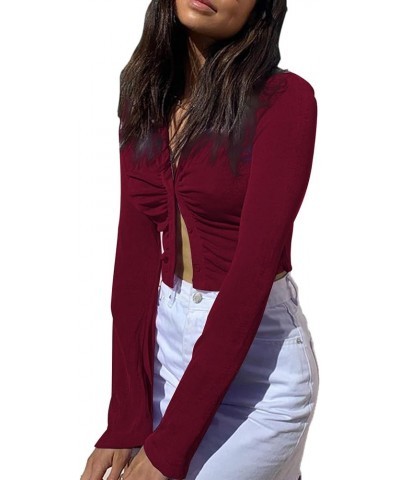 Women's Collar Button Down Ruched Long Sleeve Fitted Crop Tee Shirt Top Burgundy $18.24 Blouses