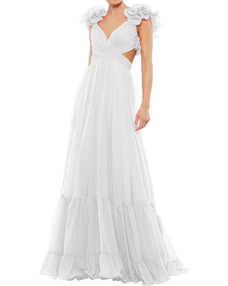 Chiffon Ruffle Prom Dresses Long for Women A Line Bridesmaid Dresses Tiered Backless Formal Evening Gowns White $38.71 Dresses