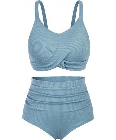 Womens Plus Size Twist Front Wrap Ribbed Bikini Set Push Up Two Piece High Waisted Bathing Suits Blue $18.45 Swimsuits