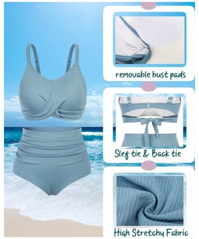 Womens Plus Size Twist Front Wrap Ribbed Bikini Set Push Up Two Piece High Waisted Bathing Suits Blue $18.45 Swimsuits