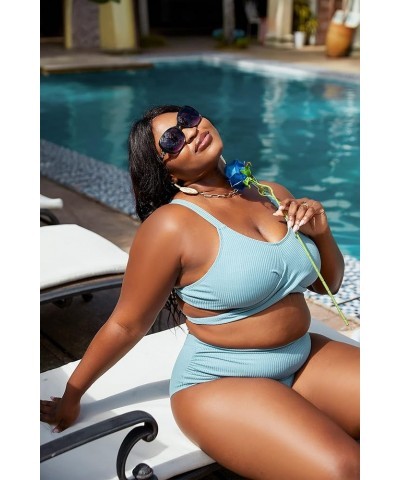 Womens Plus Size Twist Front Wrap Ribbed Bikini Set Push Up Two Piece High Waisted Bathing Suits Blue $18.45 Swimsuits