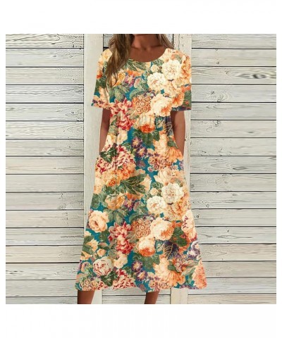 Dresses for Women 2023 Summer Boho O-Neck Pocket Dress Casual Print Short Crewneck Spring Dress Mother's Gift 03-orange $9.40...