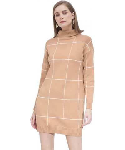 Women's Comfy Casual Long Sleeve Cream/Black/Grey Grid Turtleneck/Round Neck Knit Top Pullover Sweater/Sweater Dress Tan Whit...