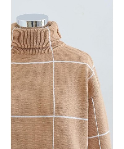 Women's Comfy Casual Long Sleeve Cream/Black/Grey Grid Turtleneck/Round Neck Knit Top Pullover Sweater/Sweater Dress Tan Whit...