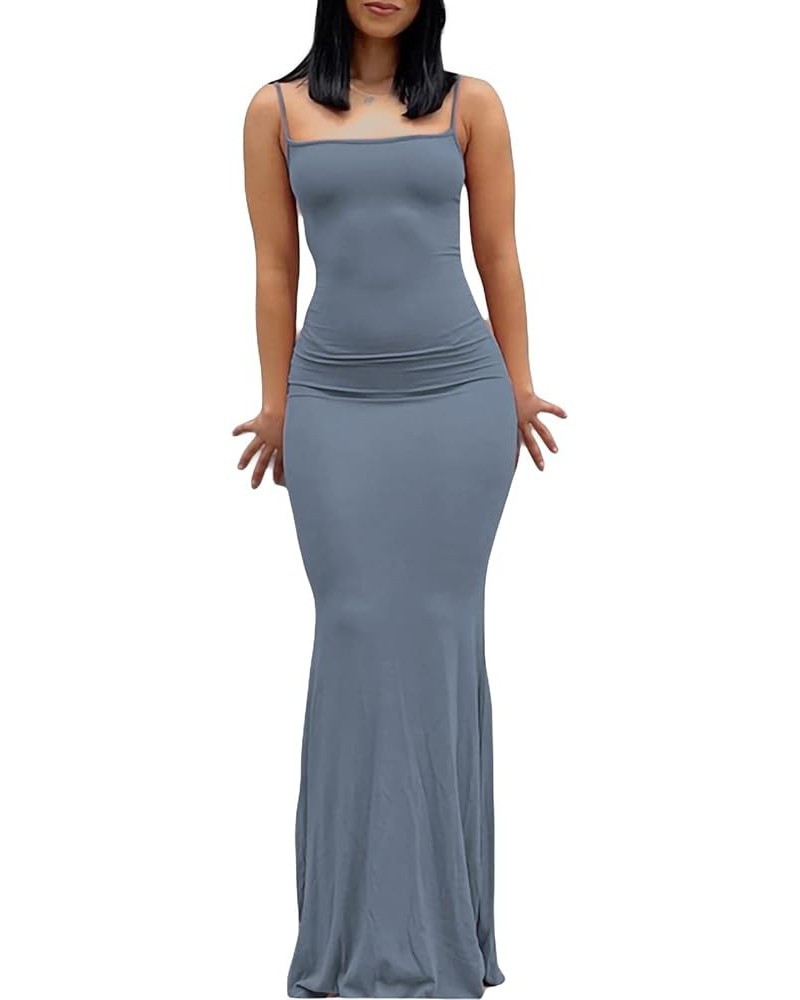 Women Spaghetti Strap Sleeveless Bodycon Long Dress Satin Backless Cut Out High Split Maxi Dress Party Club Dress 93721 Blue ...