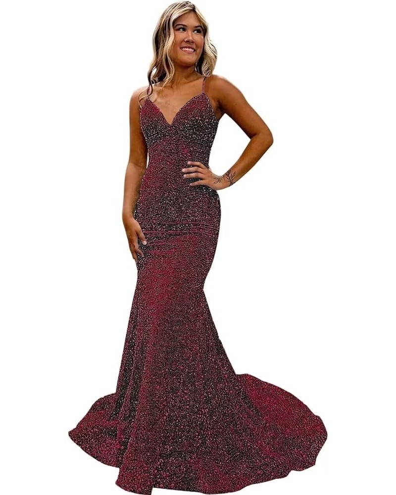 Women's Spaghetti Straps Sequin Prom Dresses Tight Long Mermaid 2024 Formal Evening Party Gowns Wine Red $34.56 Dresses