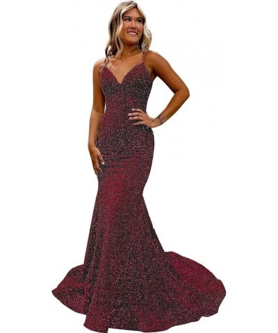 Women's Spaghetti Straps Sequin Prom Dresses Tight Long Mermaid 2024 Formal Evening Party Gowns Wine Red $34.56 Dresses