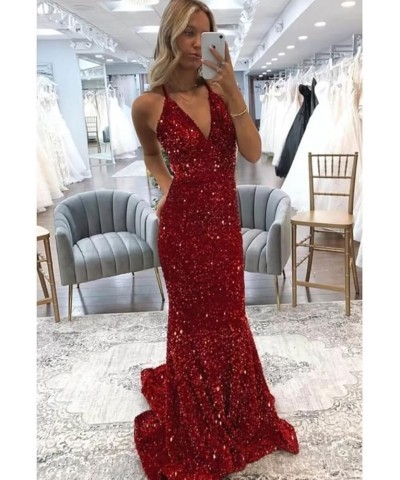 Women's Spaghetti Straps Sequin Prom Dresses Tight Long Mermaid 2024 Formal Evening Party Gowns Wine Red $34.56 Dresses