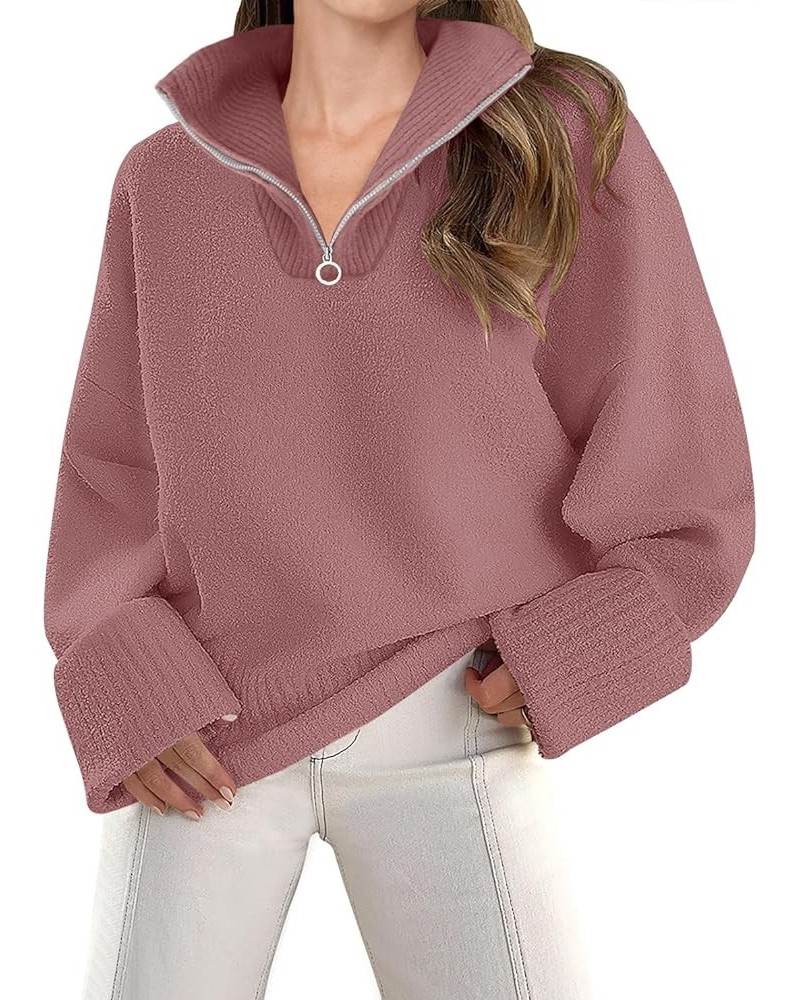 Women's 2024 Winter Long Sleeve 1/4 Zipper V Neck Loose Fuzzy Knitted Chunky Warm Pullover Sweater Jumper Tops Fuchsia $25.19...