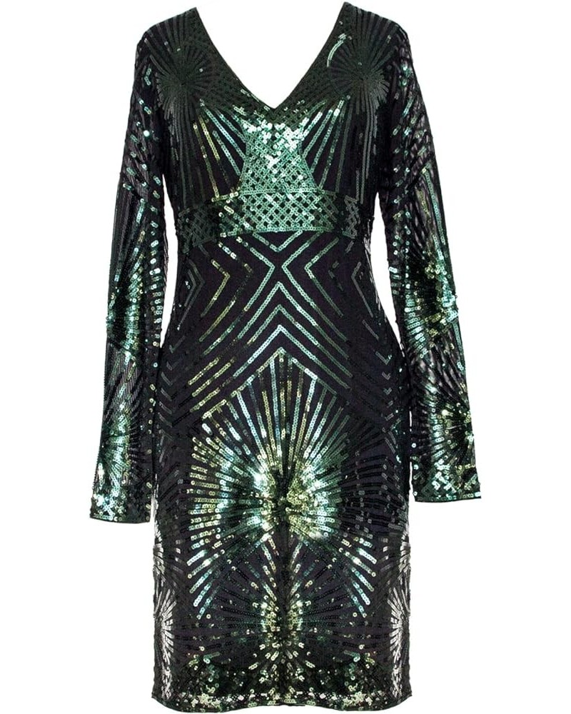 Women's V Neck Bodycon Midi Sequin Long Sleeve Evening Cocktail Dress Dark Green $20.40 Dresses