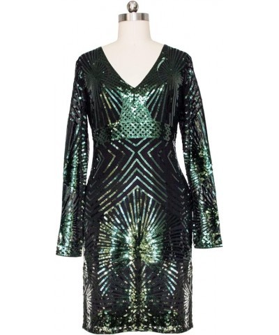 Women's V Neck Bodycon Midi Sequin Long Sleeve Evening Cocktail Dress Dark Green $20.40 Dresses