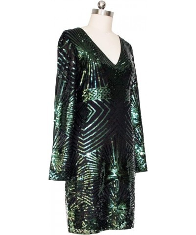 Women's V Neck Bodycon Midi Sequin Long Sleeve Evening Cocktail Dress Dark Green $20.40 Dresses