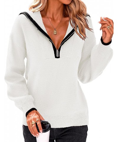 Women's 2024 Fall Winter Half Zip Pullover Sweaters Casual V Neck Long Sleeve Ribbed Knit Loose Jumper Tops Solid White $26.3...