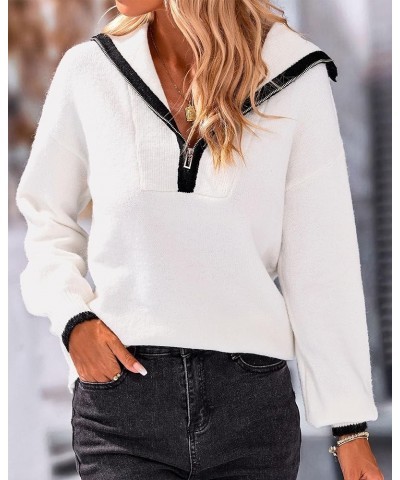 Women's 2024 Fall Winter Half Zip Pullover Sweaters Casual V Neck Long Sleeve Ribbed Knit Loose Jumper Tops Solid White $26.3...