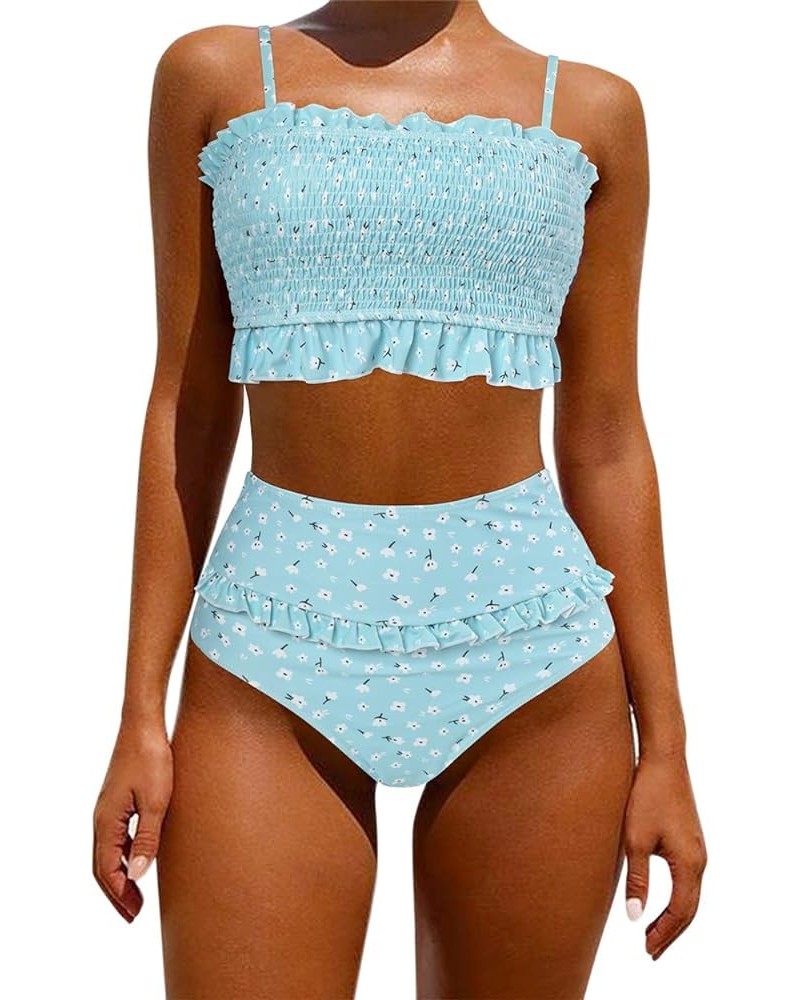 Women's Bandeau Bikini Sets Cute Shirred Swimsuit High Waisted Bathing Suit 58-blue Flower $20.06 Swimsuits