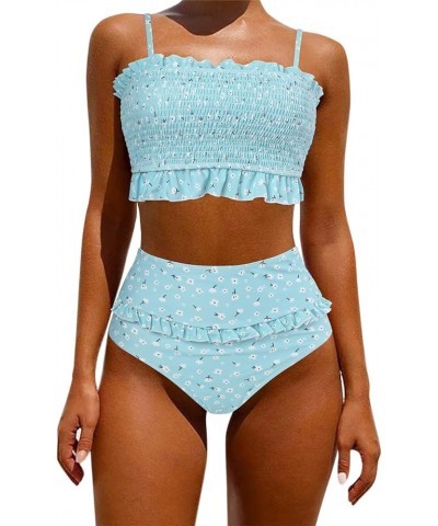 Women's Bandeau Bikini Sets Cute Shirred Swimsuit High Waisted Bathing Suit 58-blue Flower $20.06 Swimsuits