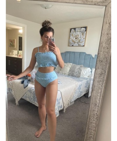 Women's Bandeau Bikini Sets Cute Shirred Swimsuit High Waisted Bathing Suit 58-blue Flower $20.06 Swimsuits