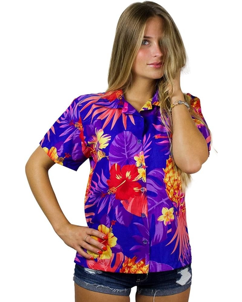 Funky Casual Hawaiian Blouse Shirt for Women Front Pocket Button Down Very Loud Shortsleeve Small Flower Print Pineapple Dark...