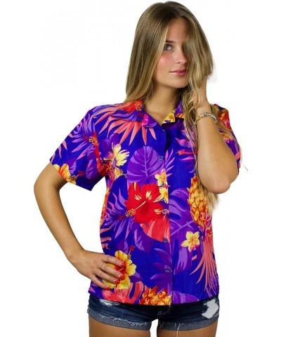 Funky Casual Hawaiian Blouse Shirt for Women Front Pocket Button Down Very Loud Shortsleeve Small Flower Print Pineapple Dark...