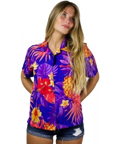 Funky Casual Hawaiian Blouse Shirt for Women Front Pocket Button Down Very Loud Shortsleeve Small Flower Print Pineapple Dark...