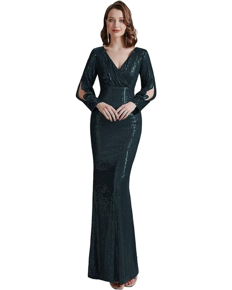 GORCENT V Neck Sequin Prom Dress with Sleeve Mermaid Trumpet Evening Dress Hight Waist Long Cocktail Dress for Women Peacock ...