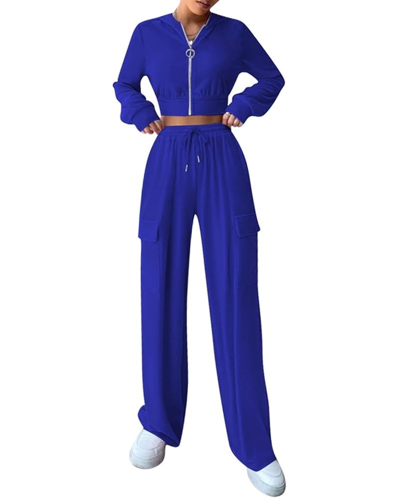 Women's Sexy Bodycon Velour Tracksuits 2 Piece Outfits Long Sleeve Zipper Crop Tops Jackets Drawstring Flare Pants Set C1-roy...