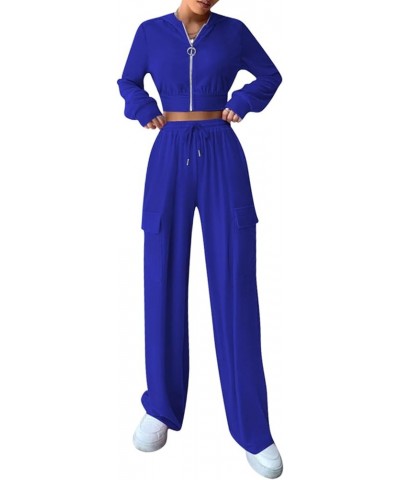 Women's Sexy Bodycon Velour Tracksuits 2 Piece Outfits Long Sleeve Zipper Crop Tops Jackets Drawstring Flare Pants Set C1-roy...