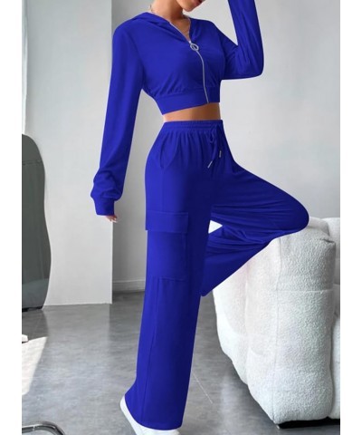 Women's Sexy Bodycon Velour Tracksuits 2 Piece Outfits Long Sleeve Zipper Crop Tops Jackets Drawstring Flare Pants Set C1-roy...