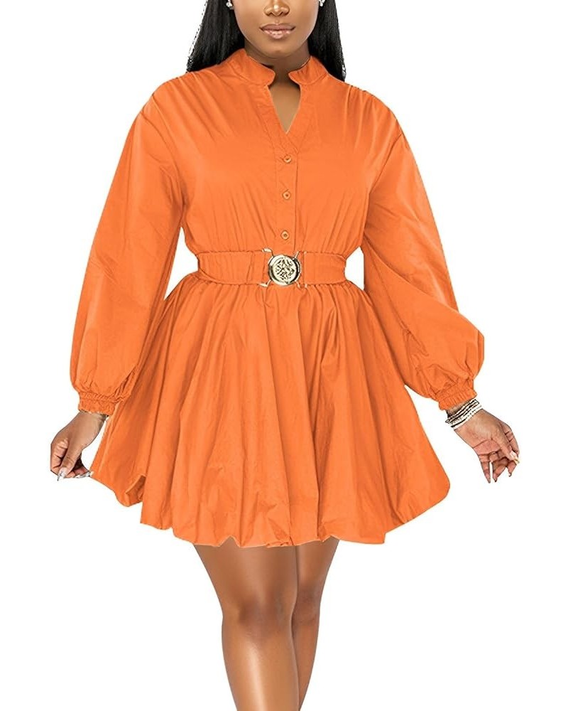 Womens Mini Dress Puff Sleeve Dresses 2024 Button Down Split V Neck High Waist Party Clubwear with Belt Orange $20.25 Dresses