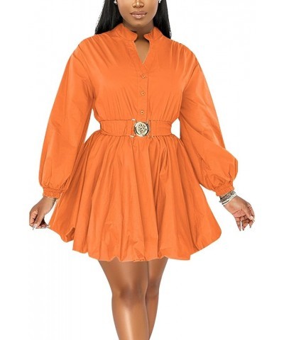 Womens Mini Dress Puff Sleeve Dresses 2024 Button Down Split V Neck High Waist Party Clubwear with Belt Orange $20.25 Dresses