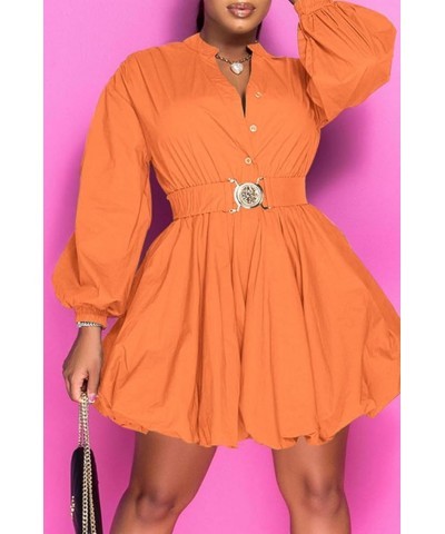 Womens Mini Dress Puff Sleeve Dresses 2024 Button Down Split V Neck High Waist Party Clubwear with Belt Orange $20.25 Dresses